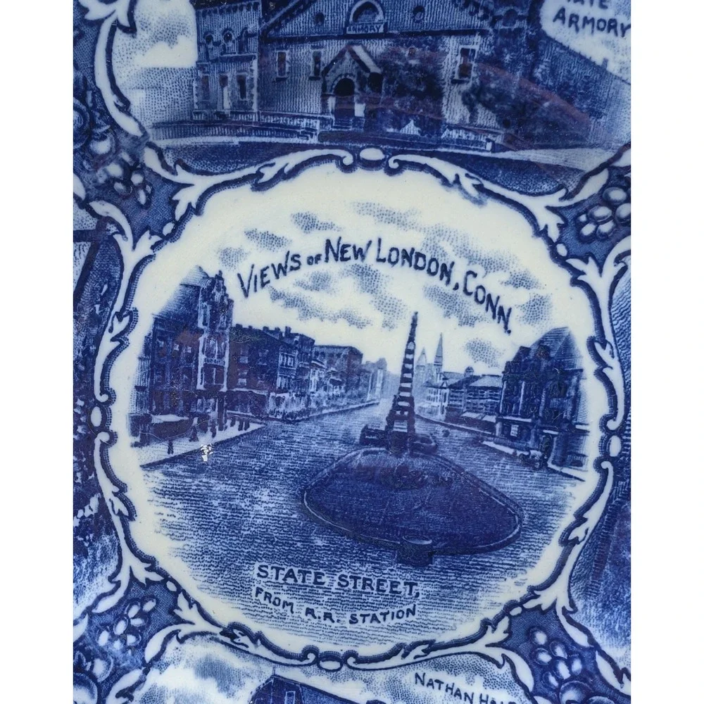 Antique Flow Blue Views of New London Conn Souvenir Plate England Transferware